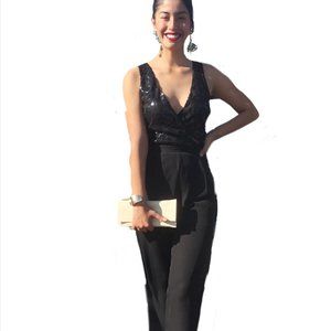 SOEIBLU NAVY BLUE Embellished Bodice Jumpsuit Romper V-Neck Wide Legs  Various